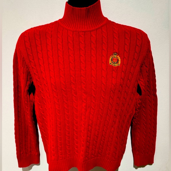 Vintage Ralph Lauren Cable Knit Turtleneck Sweater Crest Logo Made in USA - Picture 1 of 8